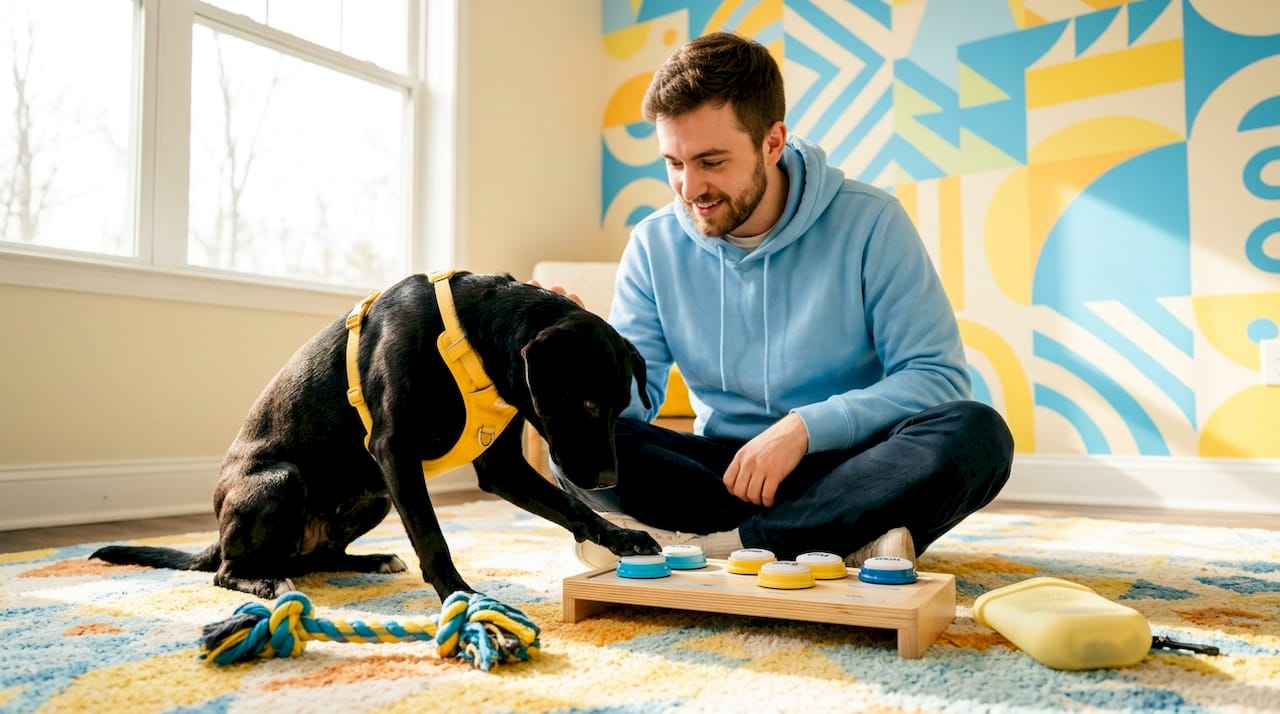 Dog learning with soundboard button