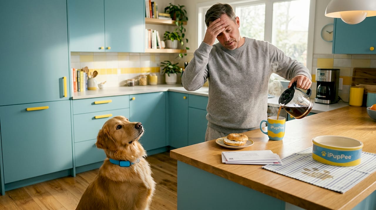 Dog watching owner’s emotional cues in kitchen