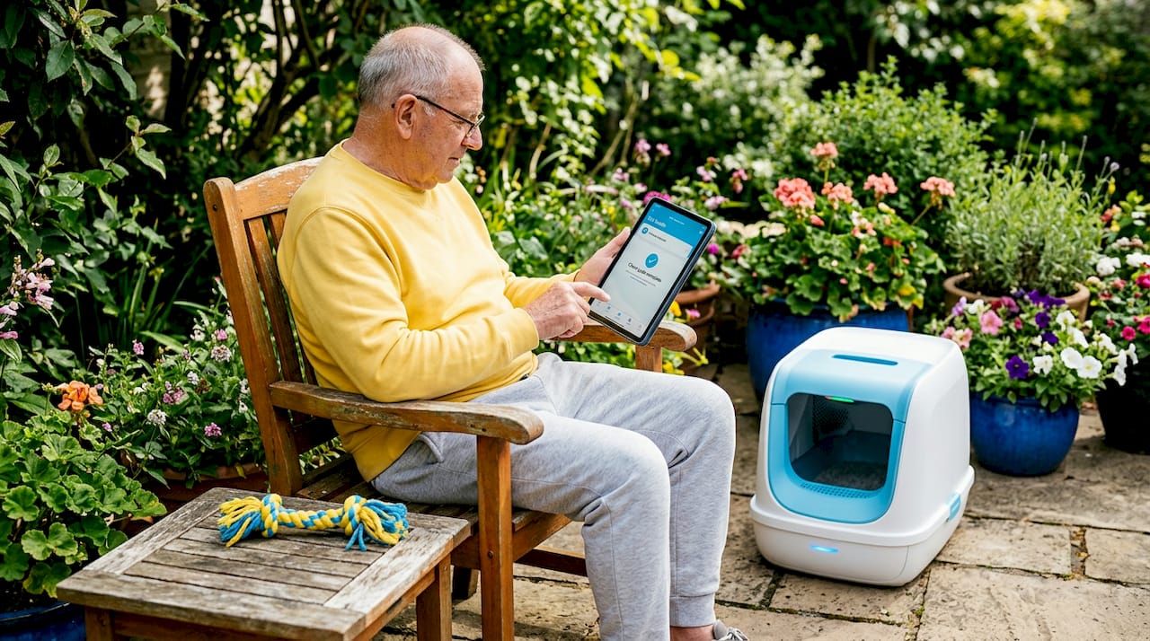 Senior checking self-cleaning litter box app