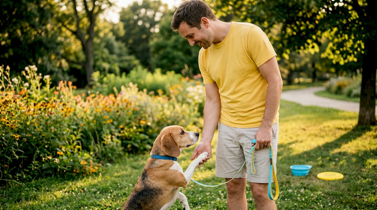 Dog leaning and pawing owner's leg