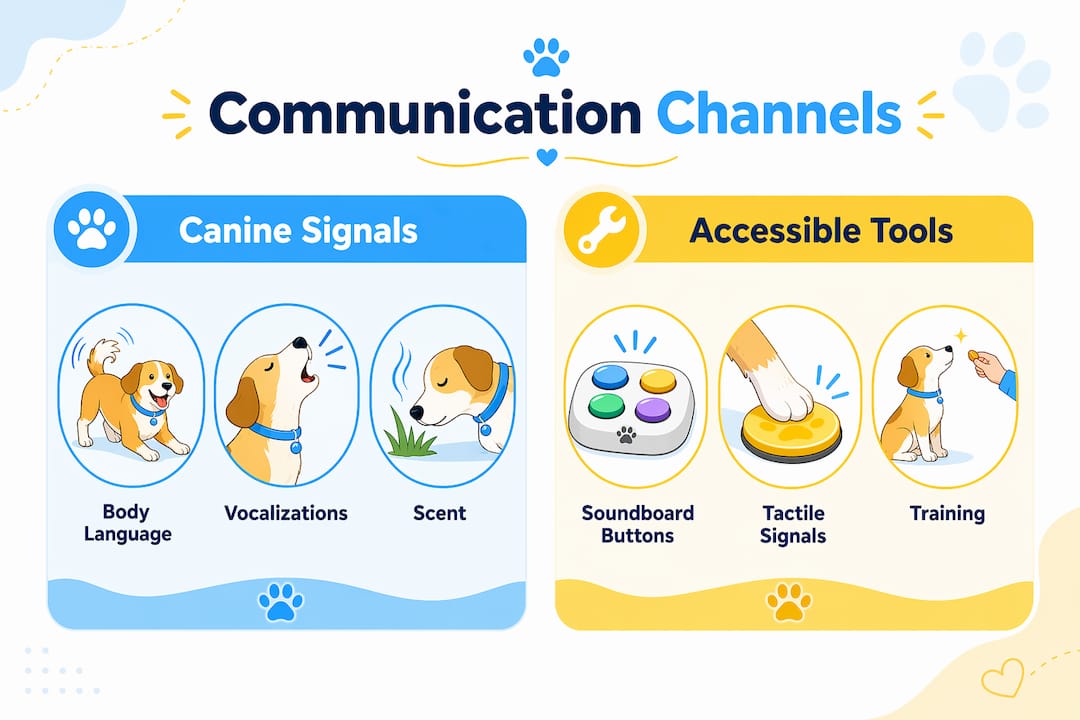 Infographic comparing canine signals and accessible communication tools