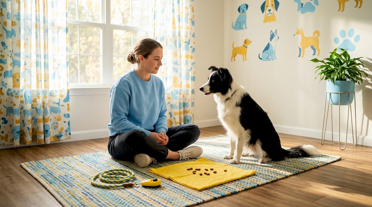 Dog trainer teaching dog using treats and clicker