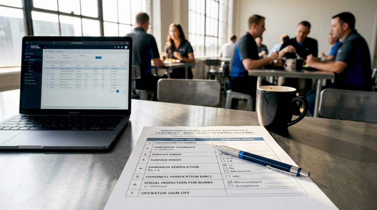 Close-up of QA checklist with inspection tools on desk
