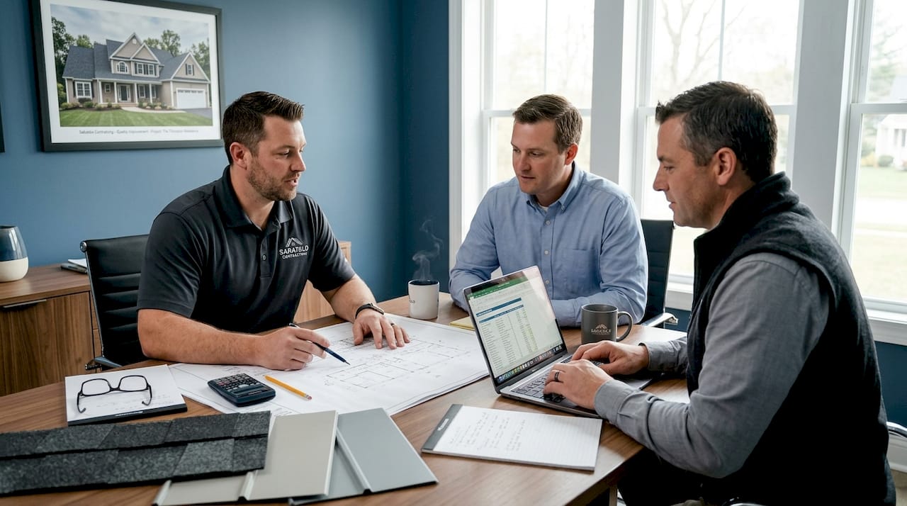 Roofing contractors discussing project estimates