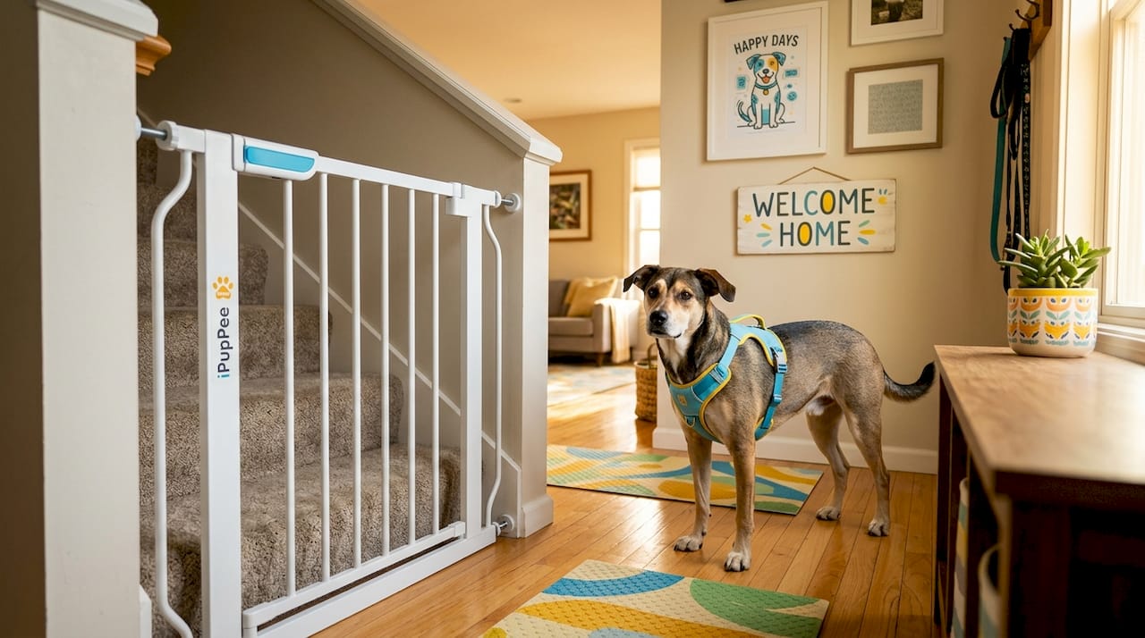 Home modifications with safety stair gate and dog