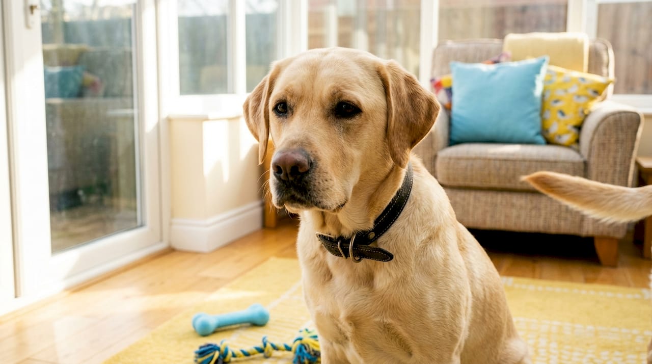 Close-up of calm dog’s facial and tail signals