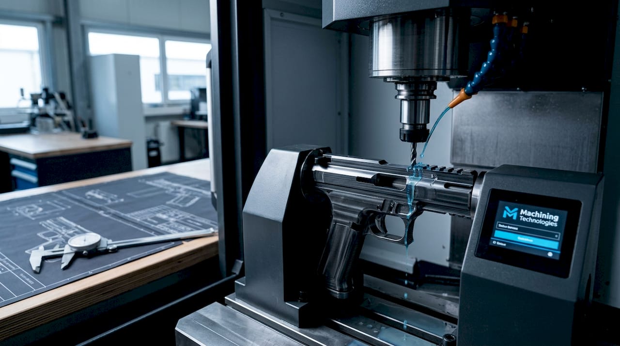 Metal firearm prototype in precision machining process