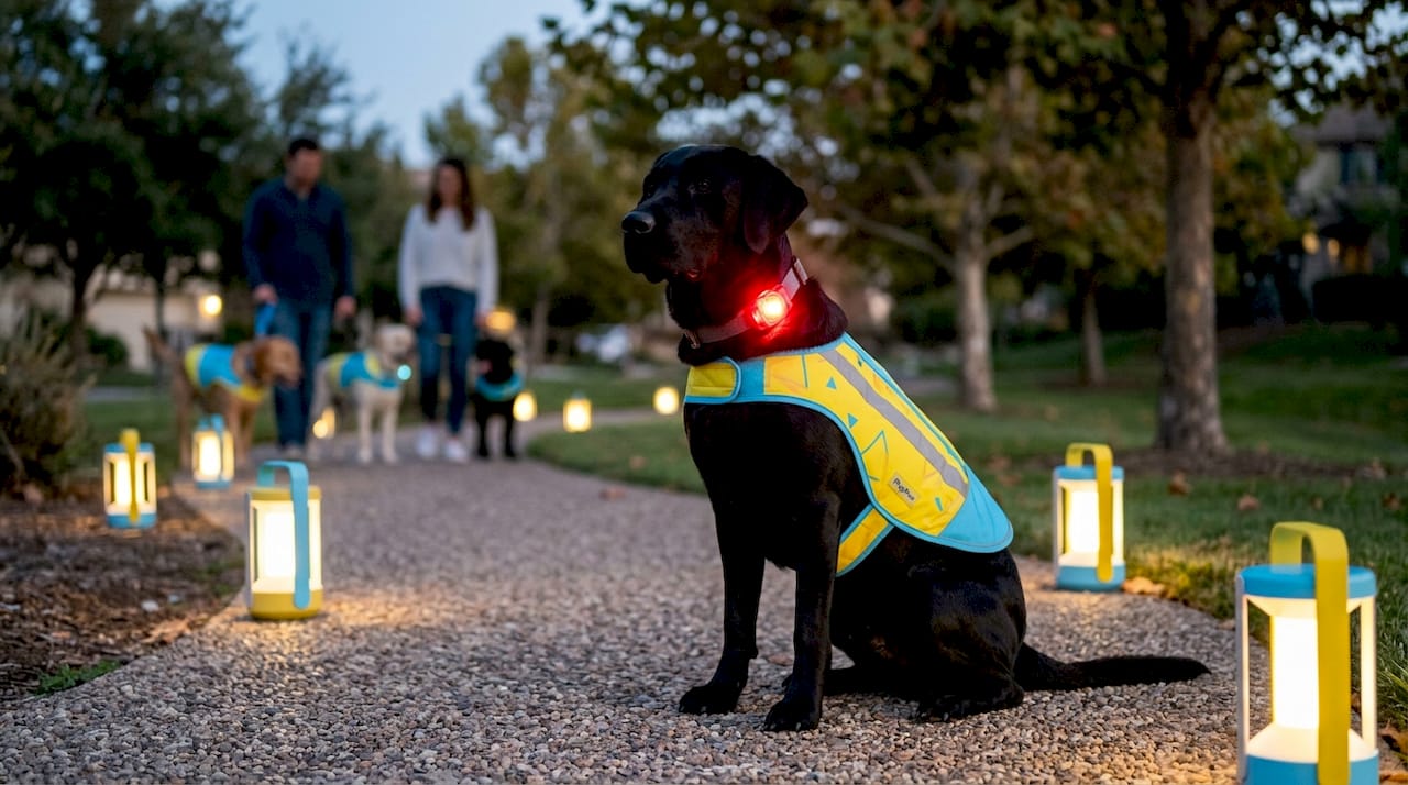Black labrador with LED beacon and reflective vest
