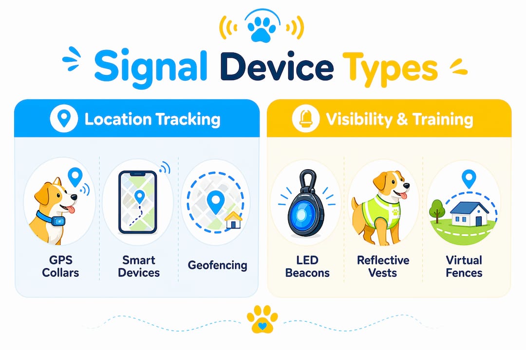 Infographic comparing dog signal device types and uses