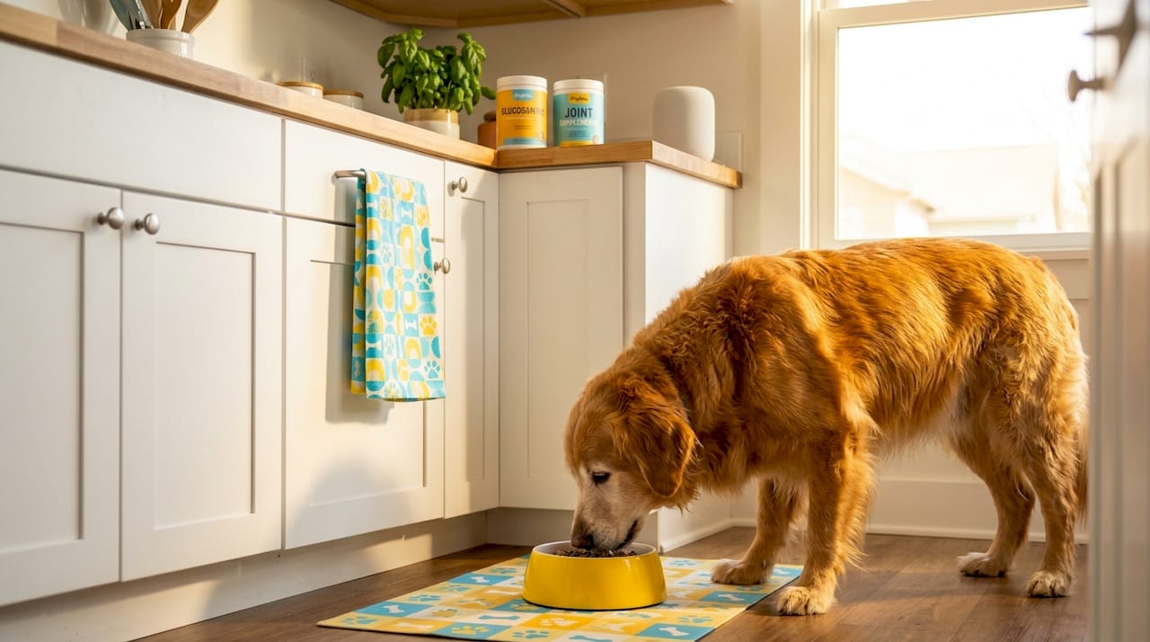 Senior dog eating nutritious food in kitchen