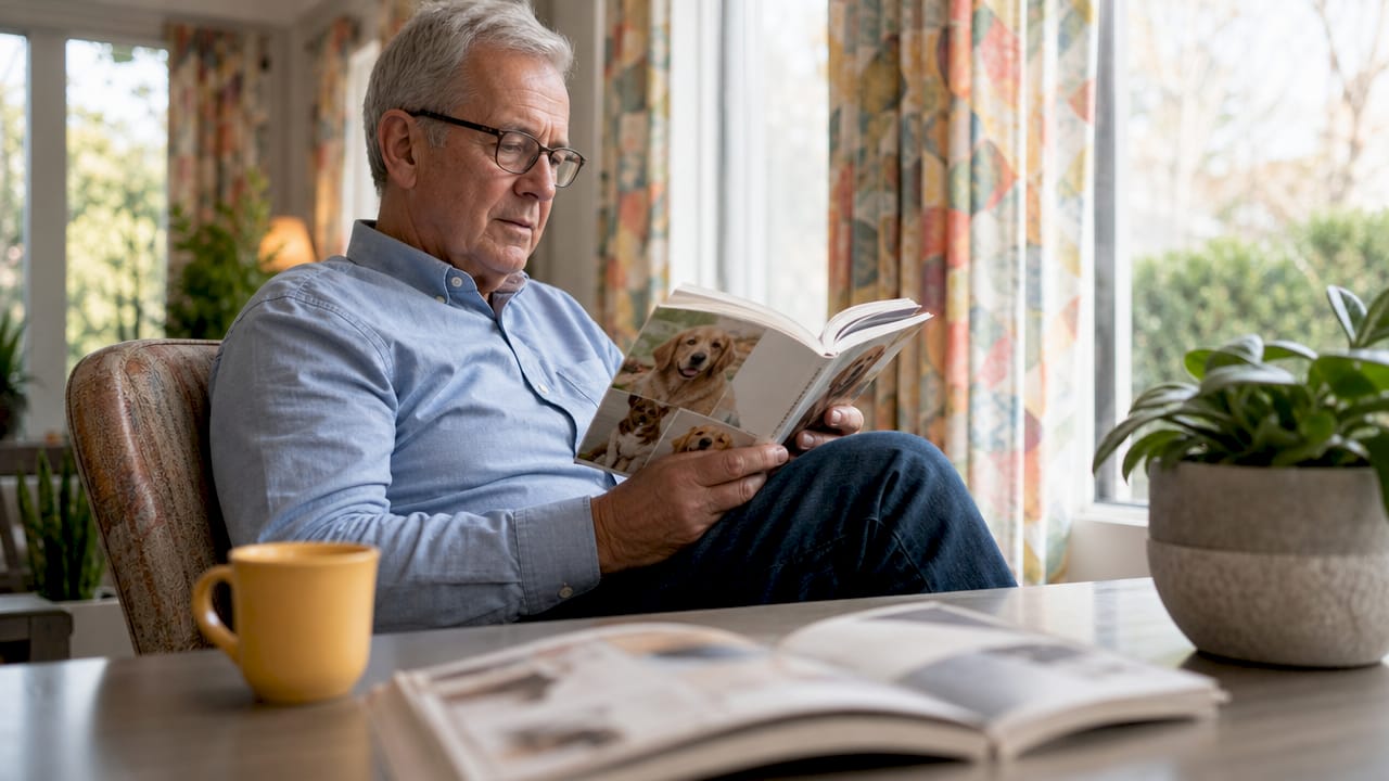 Senior man reading dog breed guide at kitchen table
