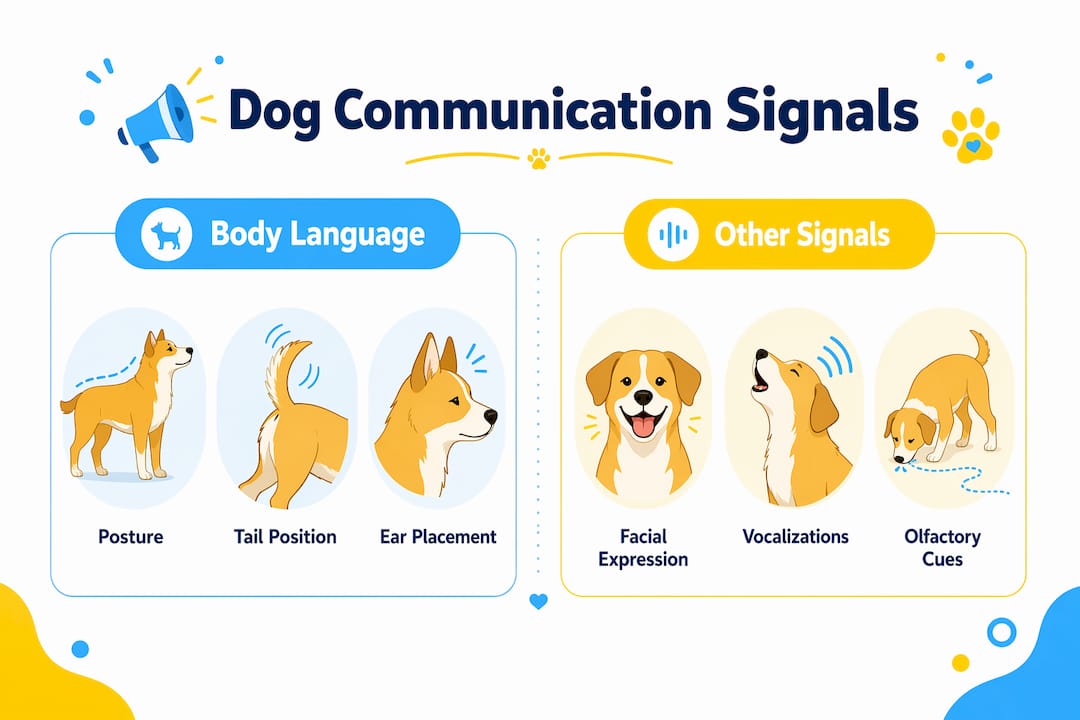 Infographic showing dog communication main signal categories