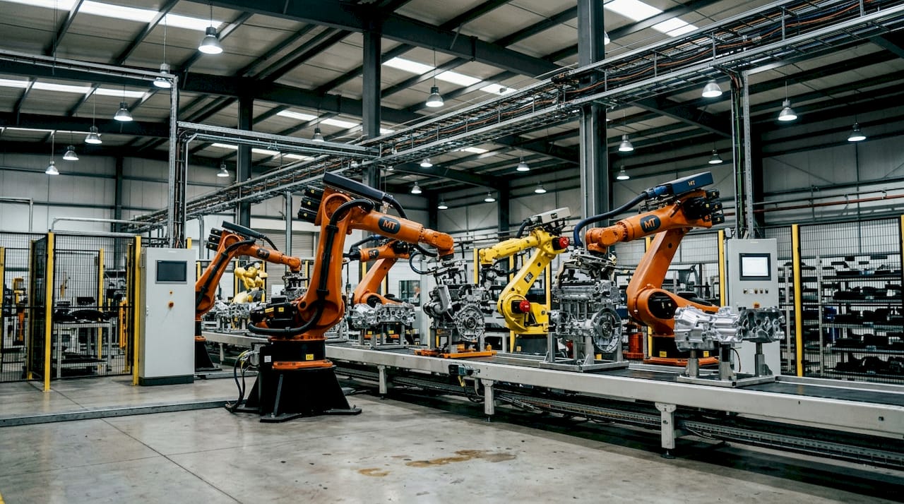 Overhead view of robotic arms on assembly line