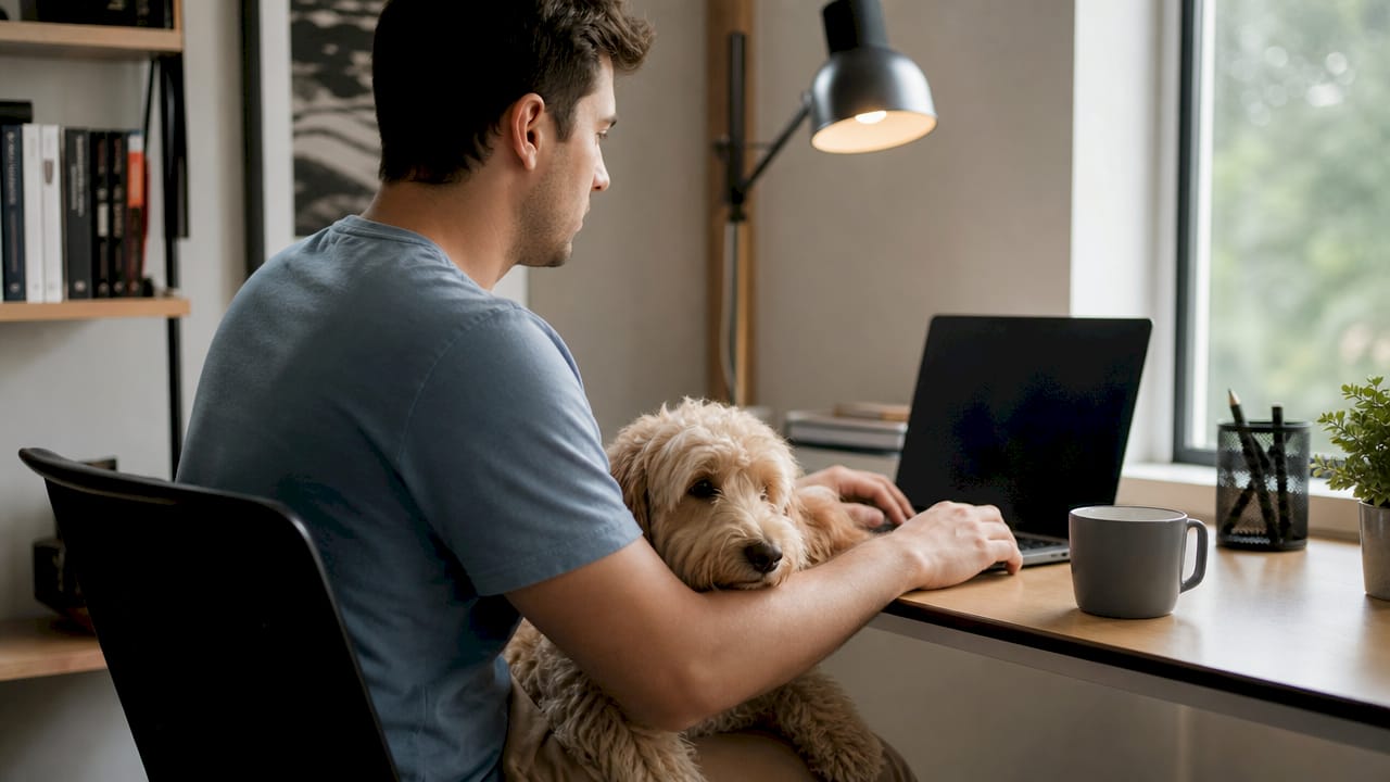 Adult supervising child playing with dog outdoors
