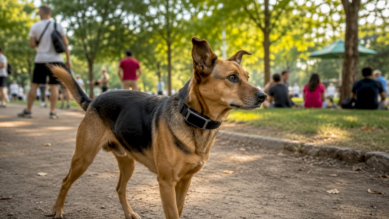 Dog with smart health monitoring collar outdoors