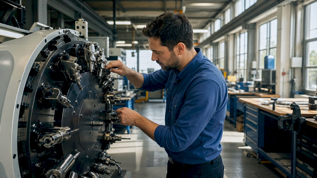 Technician adjusting multi-spindle tool layout