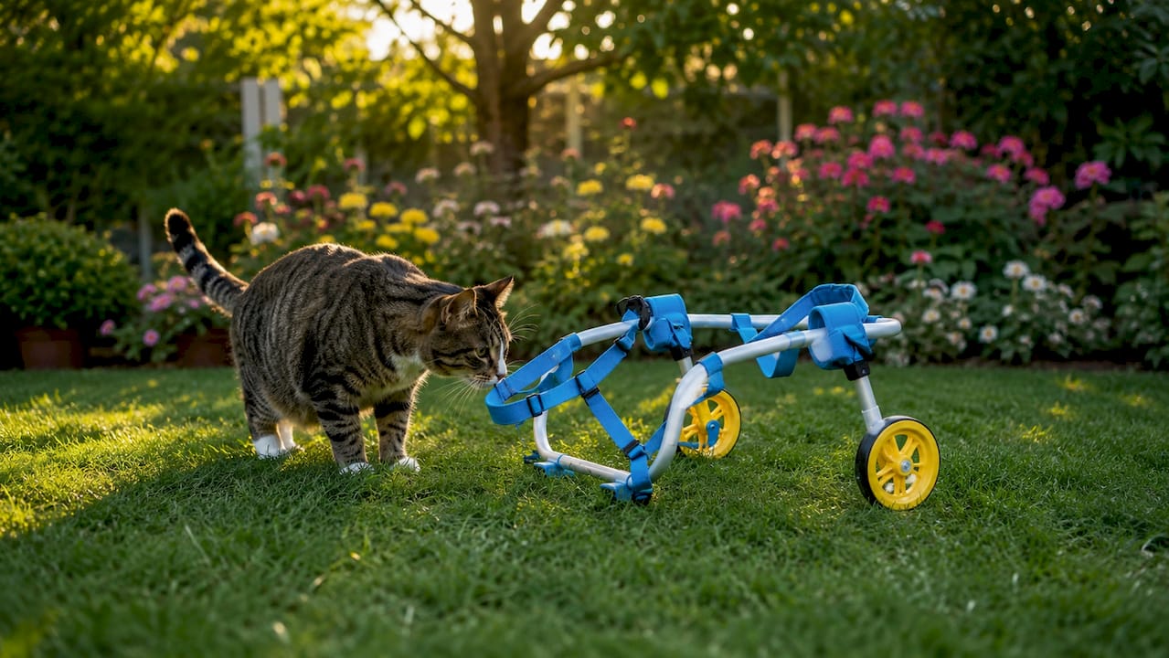 Close-up of pet wheelchair and tabby cat