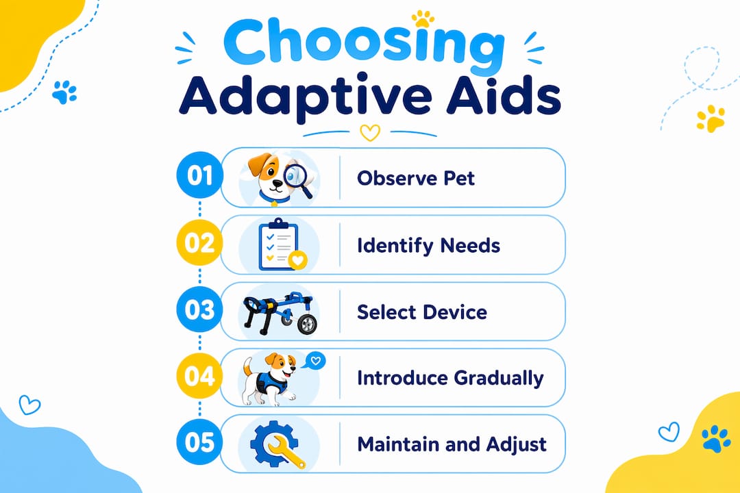 Infographic showing steps to choose adaptive pet aids