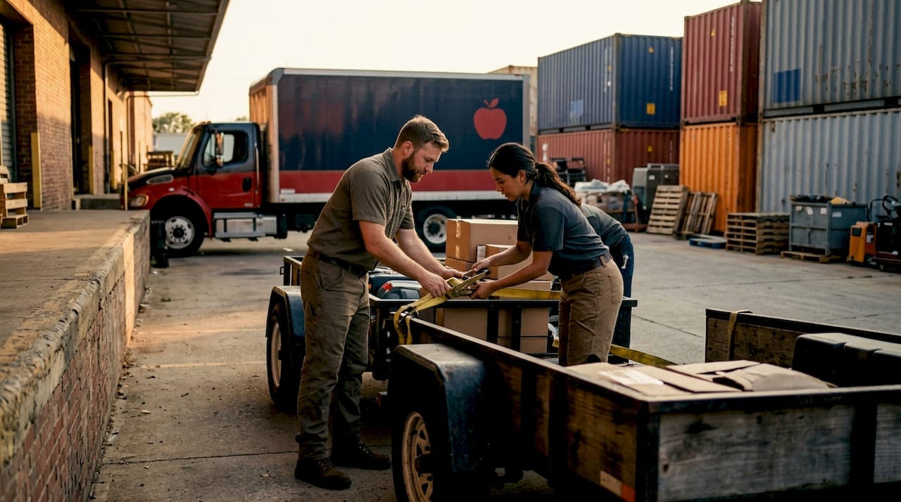 Workers securing utility trailer for shipment