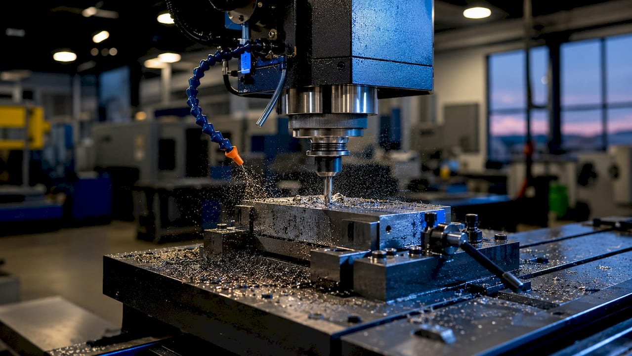 Close-up of CNC drilling metal workpiece with shavings