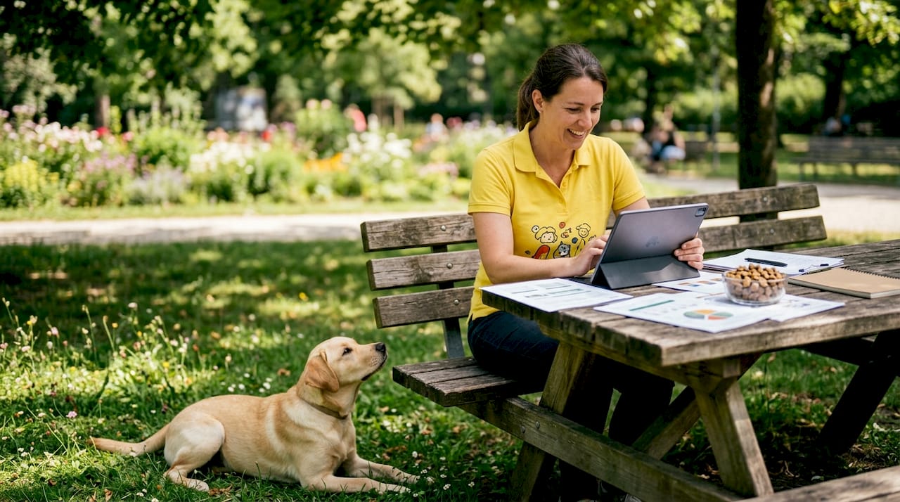Vet reviewing customized pet nutrition with dog
