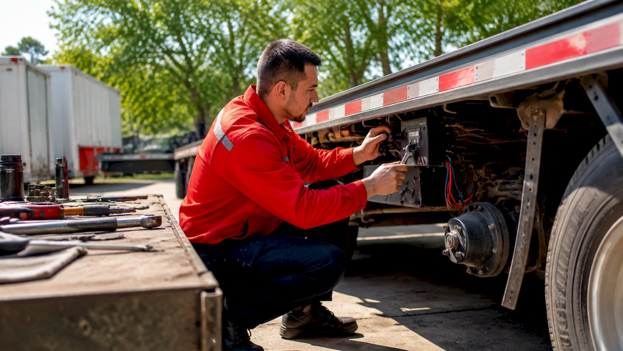 Technician inspecting trailer brakes and suspension