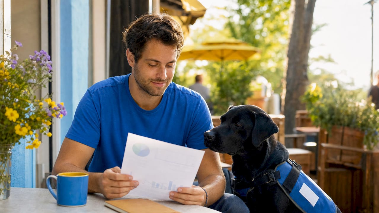 Young man with medical alert assistance dog indoors