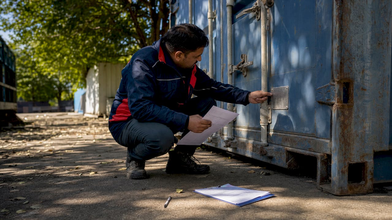 Hands inspecting container safety plate and report