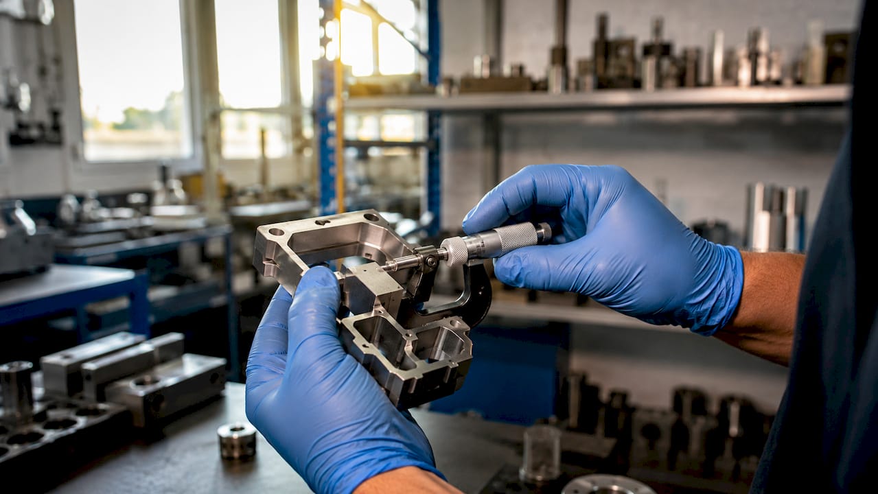 Close-up of hands measuring metal part features