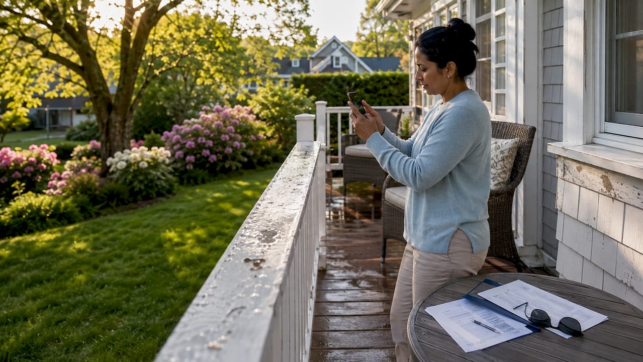 Homeowner photographing storm damage for insurance claim