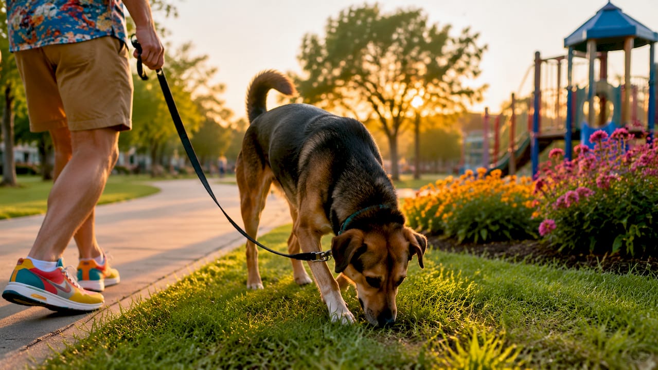 Dog sniffing grass on outdoor walk