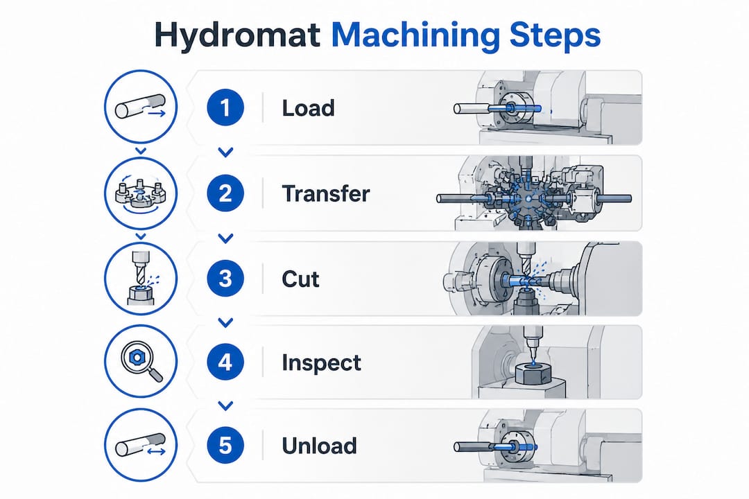 Infographic illustrating Hydromat machining process steps