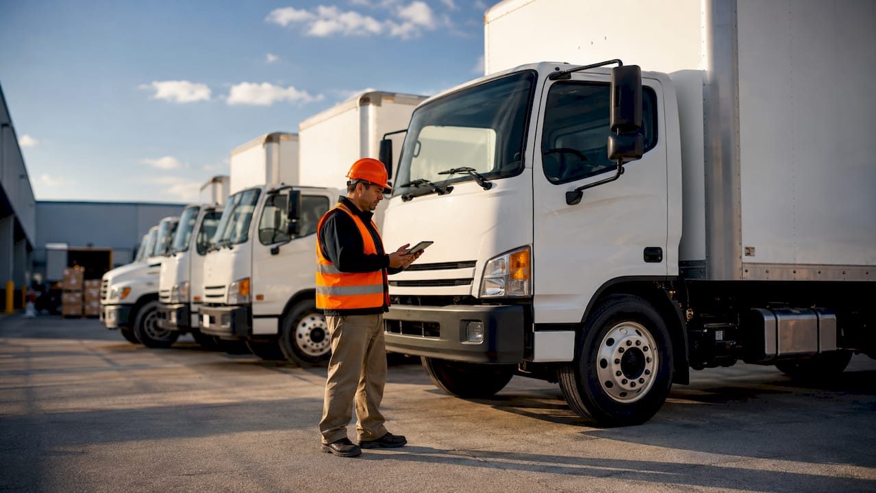 Rental trucks parked at warehouse loading bay