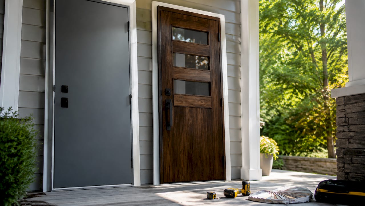 Side-by-side steel and fiberglass security doors