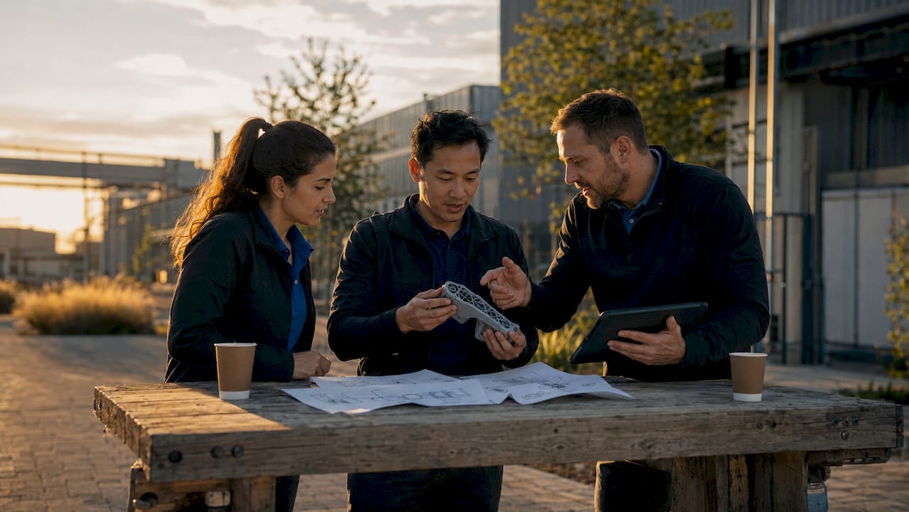 Team inspecting 3D-printed prototype part