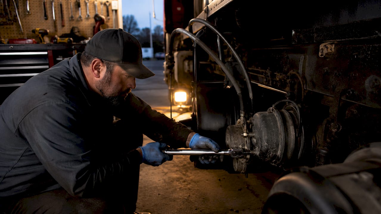 Close-up of hands adjusting truck brake system