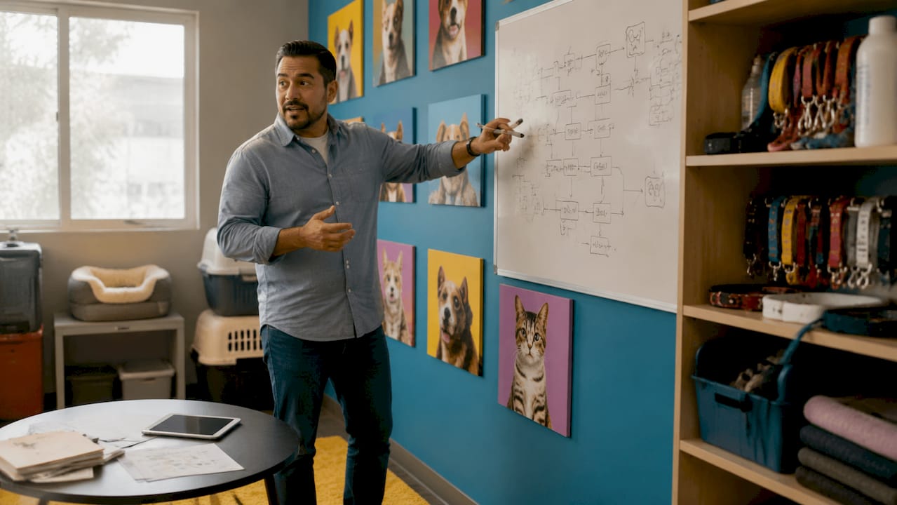 Man explaining shelter management technology