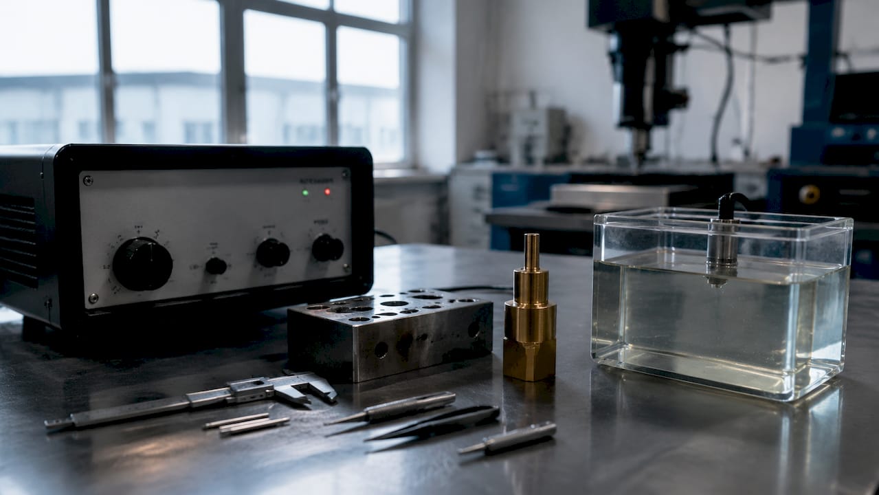 Close-up of EDM components and power supply on desk