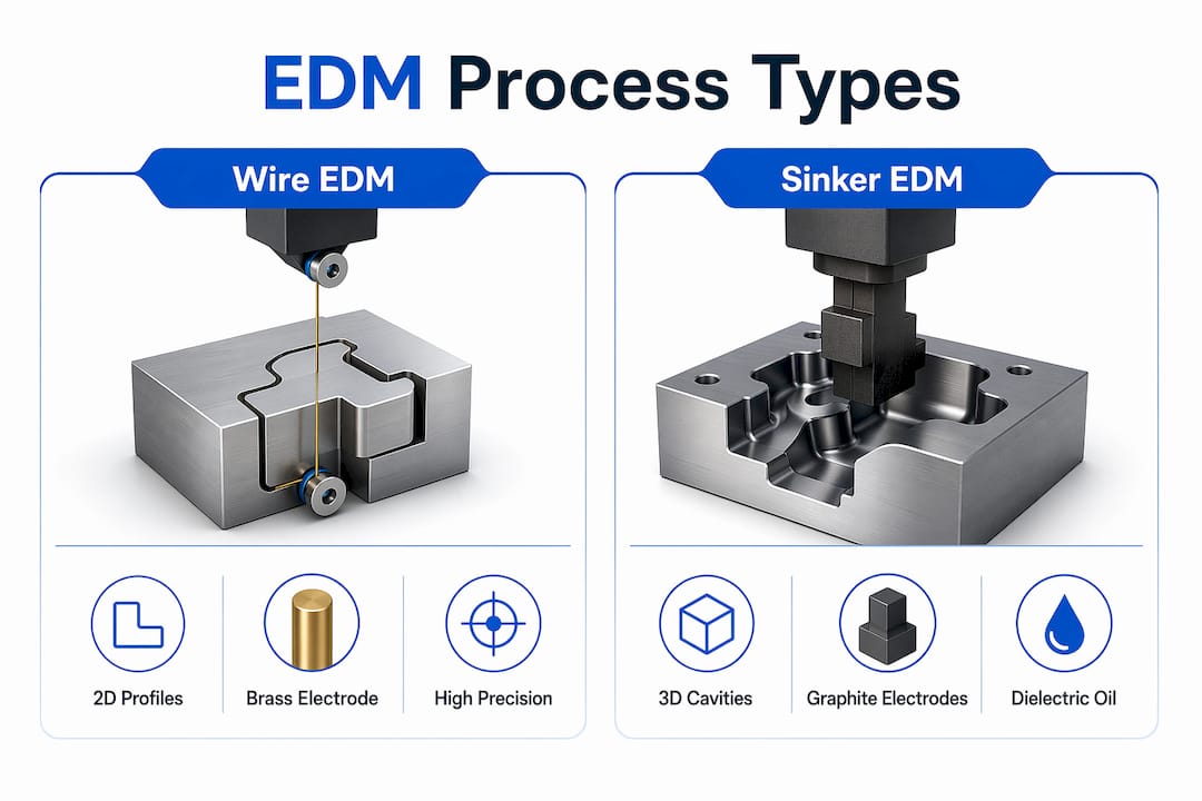Infographic comparing Wire EDM and Sinker EDM types