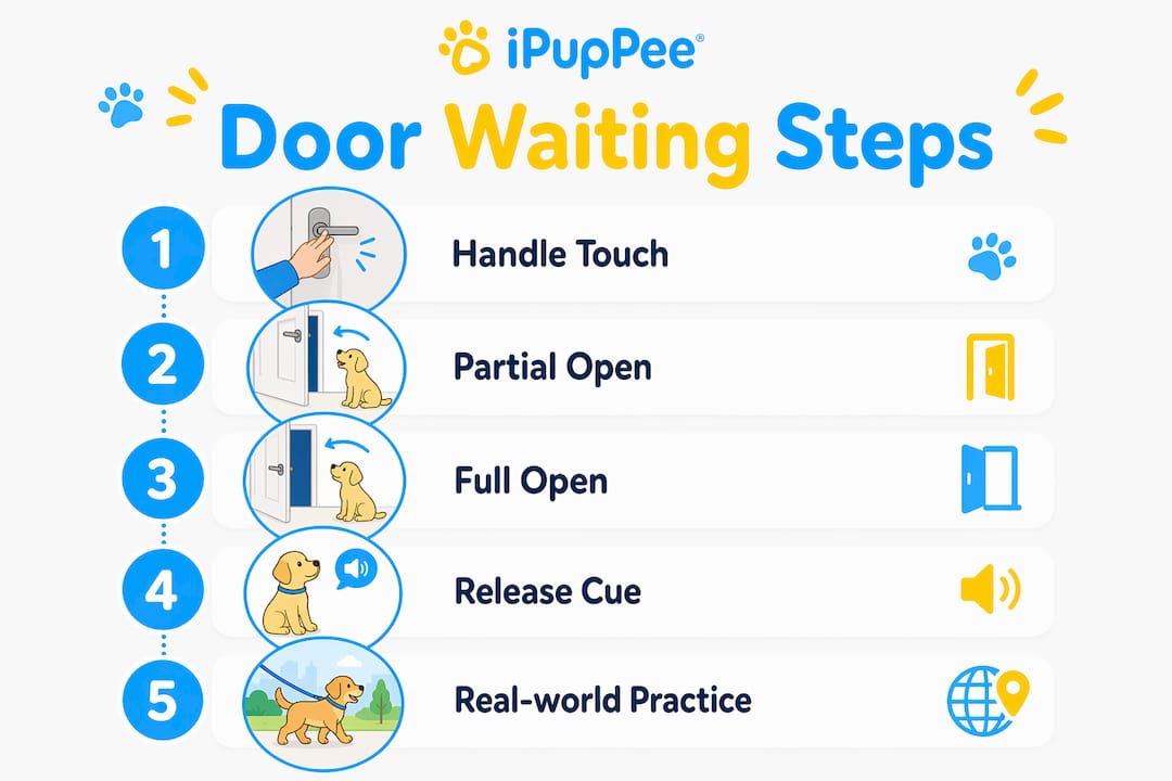 Infographic showing step-by-step dog door waiting training