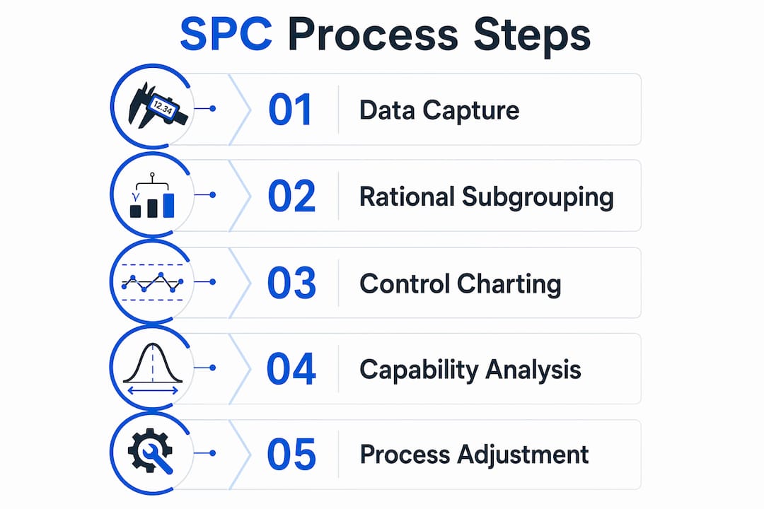 Infographic illustrating SPC process steps in machining