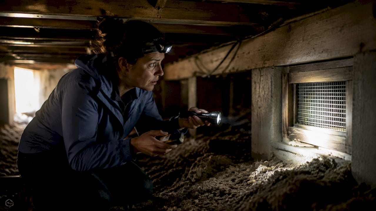 Home inspector checking crawlspace vent