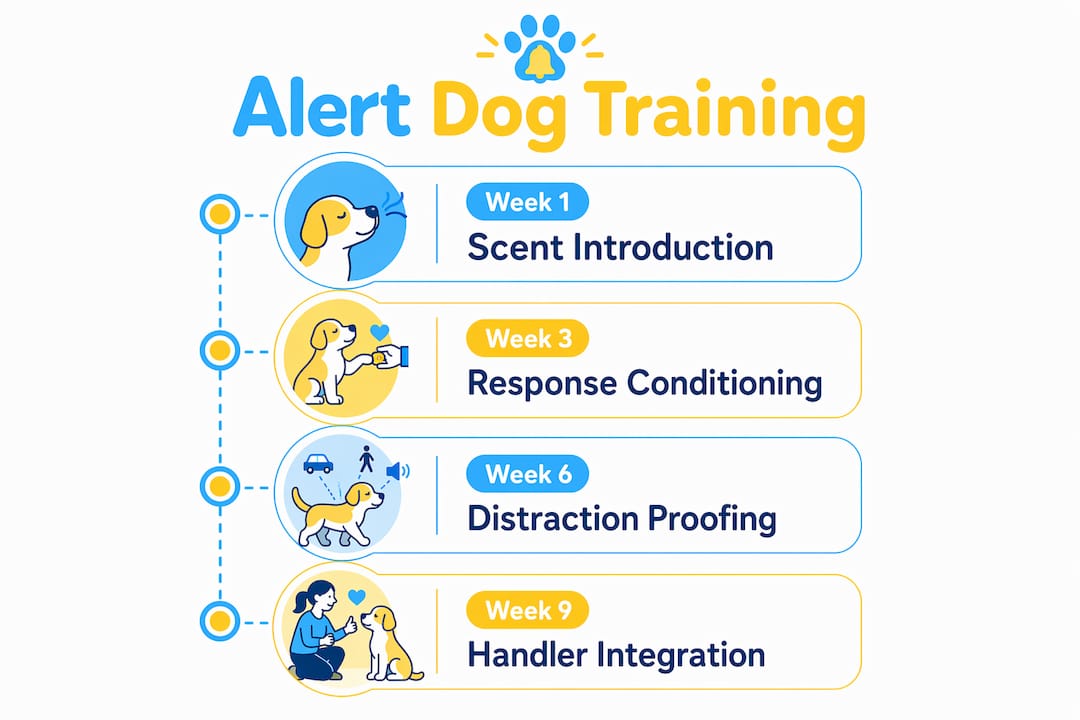 Infographic showing dog alert training timeline steps