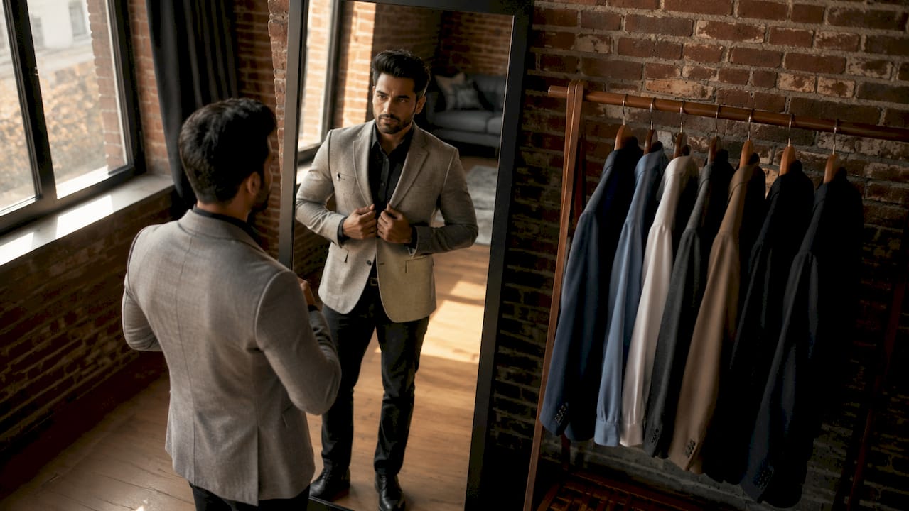 Man adjusting outfit in photography studio mirror