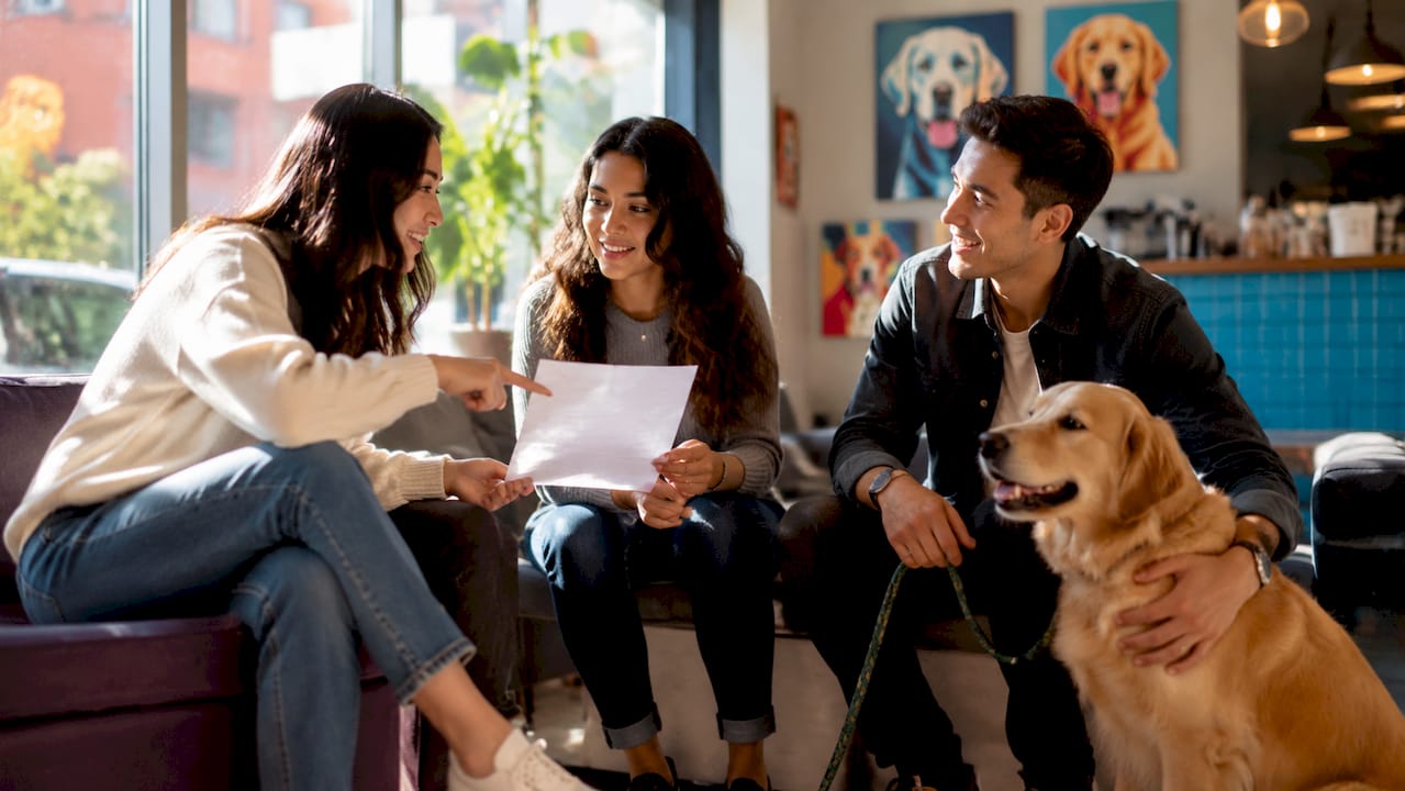 Group reviewing dog transition plan with dog present