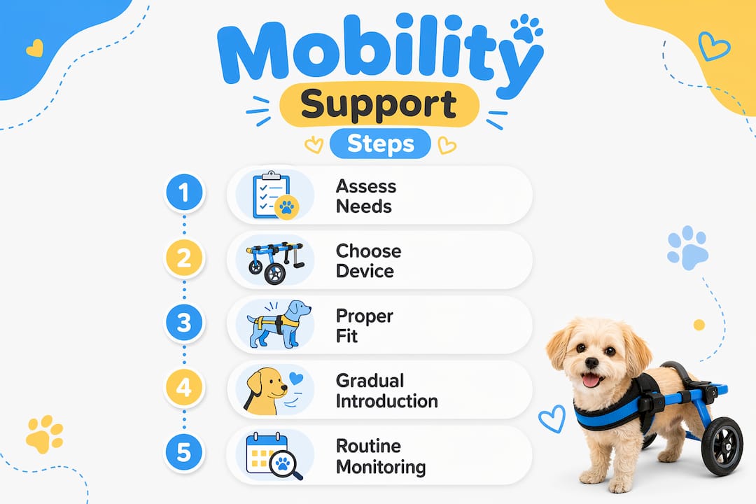 Infographic showing step-by-step dog mobility support process