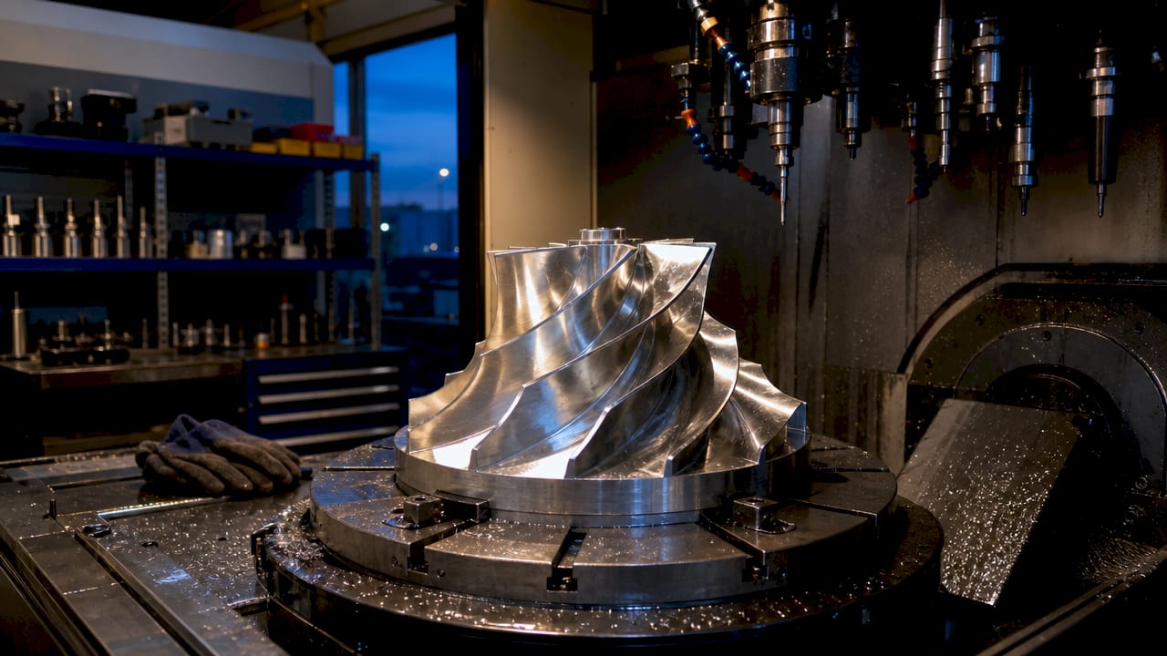 Close-up aluminum impeller on CNC machine