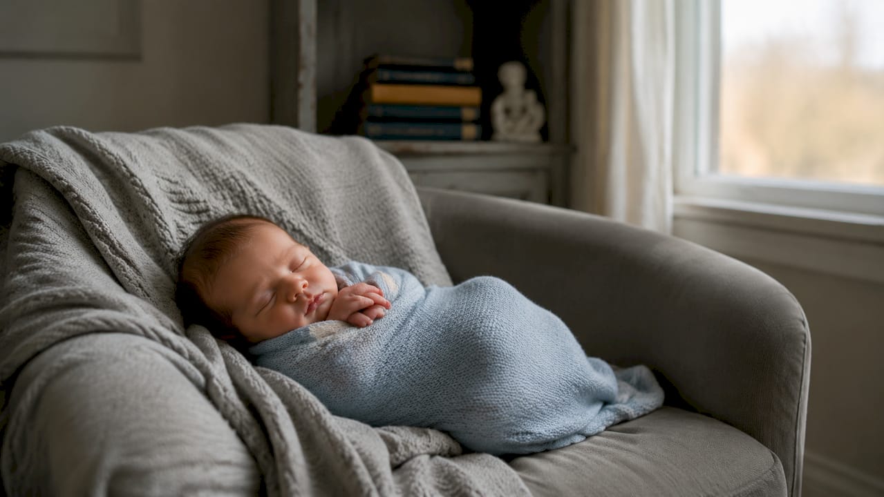 Close side profile of newborn in simple wrap pose
