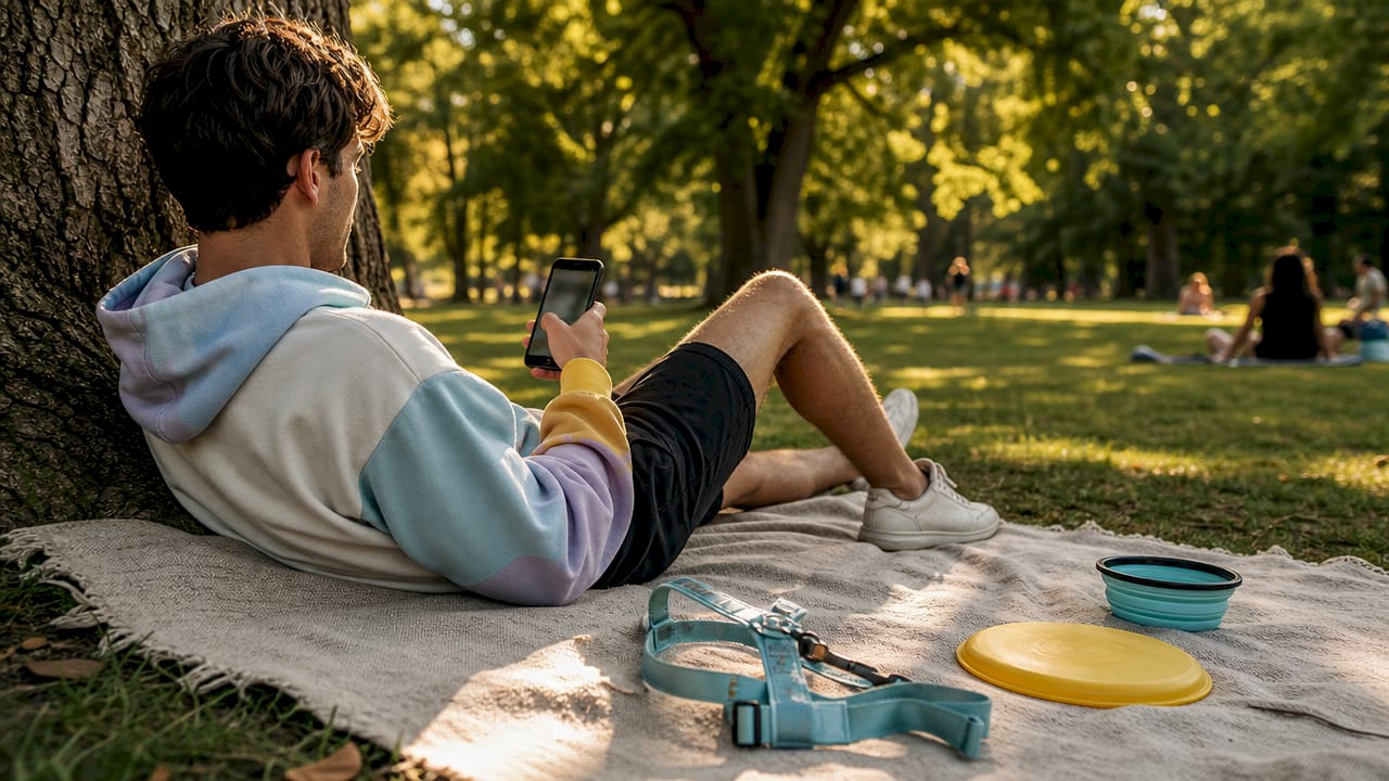 Hands holding phone near dog harness outdoors