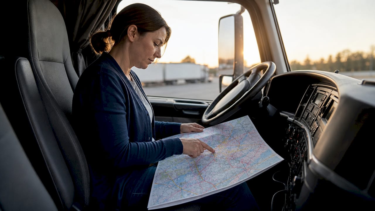 Planner reviewing route map inside refrigerated truck cabin